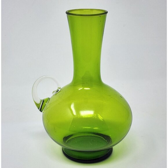 MCM Green Glass Vase Carafe Pitcher Clear Handle 6" Tall Elegant Delicate - Picture 3 of 6